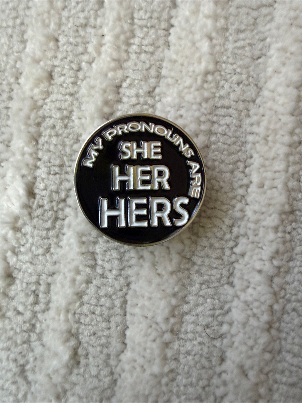Pronoun Enamel Pin — "She/Her/Hers" in Black and Silver